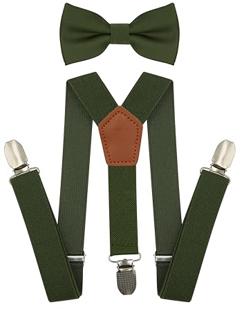 BEWDIO Olive Green Suspenders and Bow Tie Set for Baby, Bowtie and Suspenders with 4 Strong Metal Clips (71-11)
