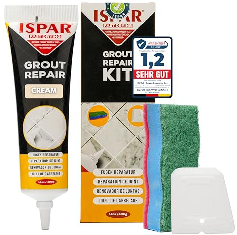 Ispar Tile Grout, 400 g Creme Grout Reviver, Fast Drying Premixed Grout Repair Kit with Spatula & Sponge, Ideal for Bathroom, Kitchen & Floor Tiles Renewal