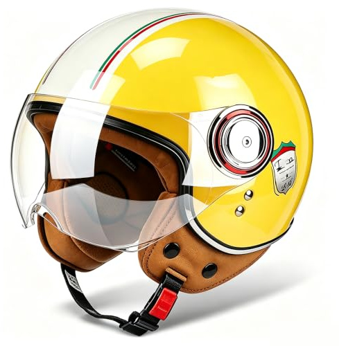Vintage Motorrad Jethelme, Open Face Helm Vintage Roller Helm für Damen Herren, ECE Zertifiziert Retro Elektrischer Halbhelm mit Sonnenblende, Jet-Helm für Cruiser