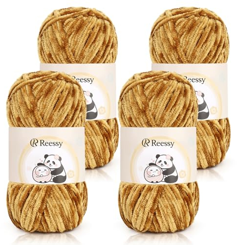 Reessy Chenille-Garn, 400 g (4 x 100 g), superweiche, grobe Wolle zum | Dicke Samt-Chenillewolle zum Stricken, 100 g Knäuel, grobes Häkelgarn für Häkeldecke, Amigurumi, Handtasche, DIY Handwerk