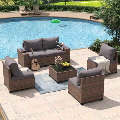 Aoxun 6 Piece Patio Furniture Set with Wide Armrests Wicker Rattan Outdoor Sectional Sofa Set with Coffee Table and Thickened Cushions, Brown/Grey(Waterproof Cover Included)