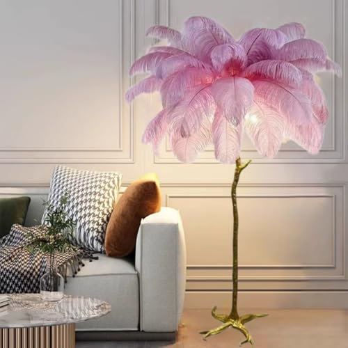 Feather Floor Lamp Modern LED Feather Lamp with Foot Switch Tree-Shaped Decoration Reading Lamp Natural Feathers Lampshade Standing Lamp, for Living Room, Study, Bedroom, Carnation Pink φ100cm