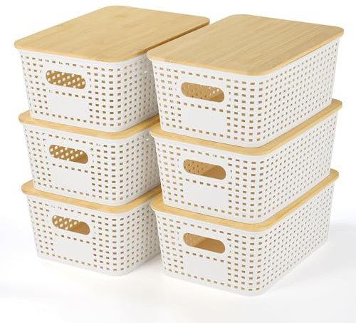 VIIHTYISA Caja de Almacenamiento en Plástico con Tapa de Bambú, Caja Apilable, Caja para Organizar en Estanterías, Cajones, Escritorios, Armarios, Salones de Juegos y Oficinas, Set de 6, Blanco