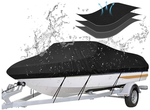 Bootsplane，Bootsplane wasserdicht，Bootspersenning17FT-19FT（420D），Abdeckplanen für Boote，Bootsplane Mit Gummizug，Geeignet für V-Boote，Ruderboote，Fischerboote，Yachten，Schnellboote，Runabouts（Schwarz）