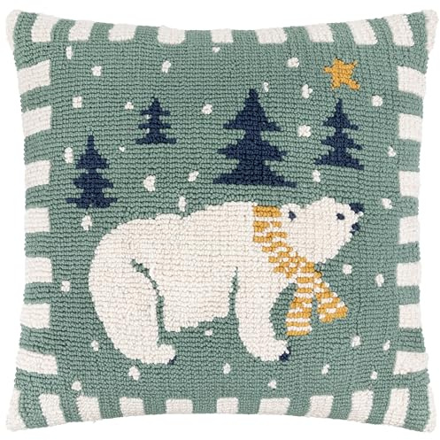 furn. Kissen mit Polyesterfüllung in Eisbärform – Festliches, weihnachtliches Dekokissen mit getufteter Struktur und gestreiftem Rand (Frostblau – 45x45cm), Frostiges Blau | Festlich Weihnachten Getuftet Strukturiert Gestreifter Rand Dekoratives Kissen