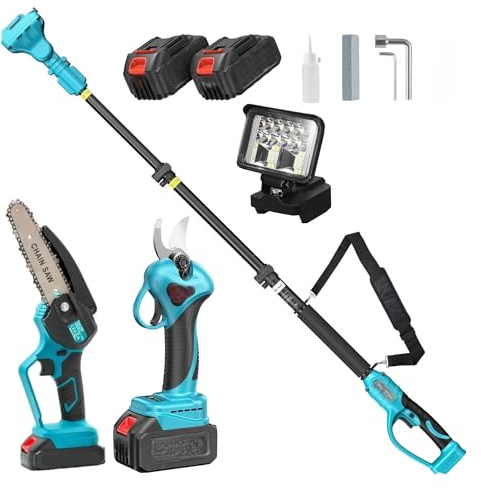 Kit 4 in 1 Motosega 8 con Lubrificazione Olio + Cesoia Forbice Taglio 40mm + Lampada Led + Asta Telescopica con 2 Batterie da 88VF 8Ah per Potatura Giardino Rami Arbusti Vigneto