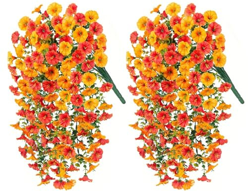 BSITSSS 2 Pezzi Fiori Artificiali Cadenti Arancioni 50cm Fiori Finti Pendenti Da Esterno PVC, Arancia Finti Fiori Pendenti da Balcone Giardino Interno ed Esterno Decorazioni Autunnali
