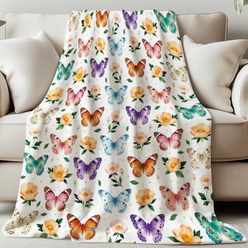 GLOBLELAND Colorful Bohemian Butterfly Blanket 59×51inch | Flowers Soft Cozy Flannel Throws Washable Fuzzy Blanket For Home Office Room Bed Sofa Chair Gifts Birthday
