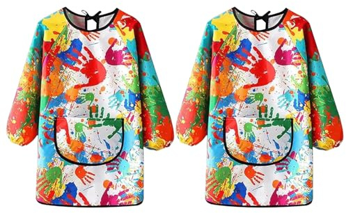 TYXHXTF 2 Pcs Grembiule Pittura Bambini Scuola, Grembiulino Impermeabile con Maniche Lunghe e Tasca per Scuola Pittura Cucina