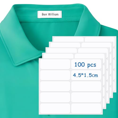 ANOMM Kleidungs Etiketten, 100 Stück Bügelfreie Namensschilder für Kleidung | Personalisierte Aufkleber, Wasserdicht, Waschmaschinenfest Namensschilder für Schuluniformen Wäschere Pflegeheim (45x15mm)