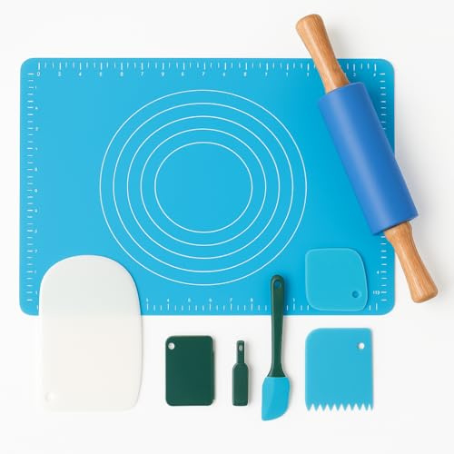 Kit de Repostería con Rodillo de Silicona y Tapete Antiadherente de Amasado XL 50 cm, Set con Espátulas y Accesorios para Masa, Pan, Pizza, Pasteles y Galletas – Azul