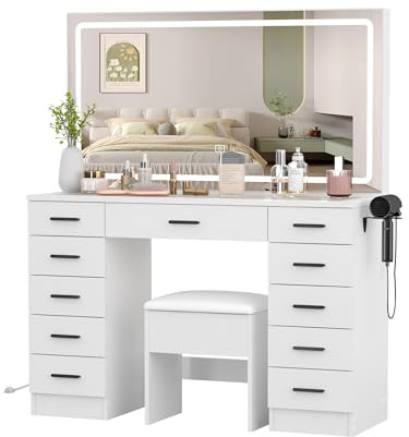 Dressing Table and Stool set, 11 Drawer Vanity Table with 3-Color Big LED Mirror Lights Brightness Adjustable Transparent Glass Top & Built-in Plug Socket Makeup Desk for Bedroom Dressing Room (White)