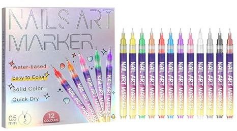 Penne per Nail Art, Pennarelli a Base d'Acqua per Unghie, 12 Colori Vivaci, Punta Fine 0.5mm, Asciugatura Rapida, Set per Decorazioni Manicure Fai da Te