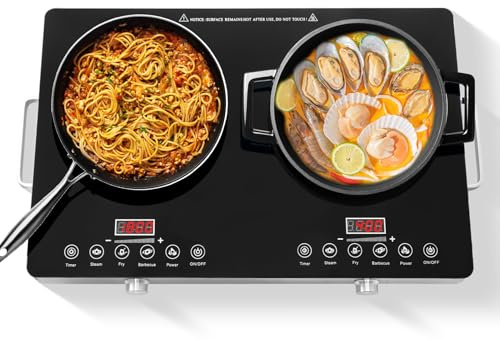 Viugreum 3500W+3500W Kochplatten 2er Elektrisch mit Stecker, 220V Glaskeramikkochfeld mit 3-Stunden-Timer, Freistehend Glaskeramikkochfeld Doppel Drehknopf, Touch-Steuerung für Küche, Alle Töpfe