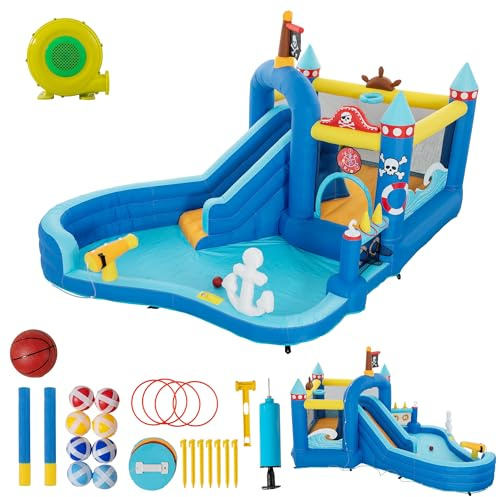 Hoppborg barn, uppblåsbart slott, piratfartyg med rutschkana och fläkt, stor lekplats med hoppyta, bollbad, inomhus och utomhus hoppmadrass för barn Bouncy Castle, 444 x 348 x 260 cm