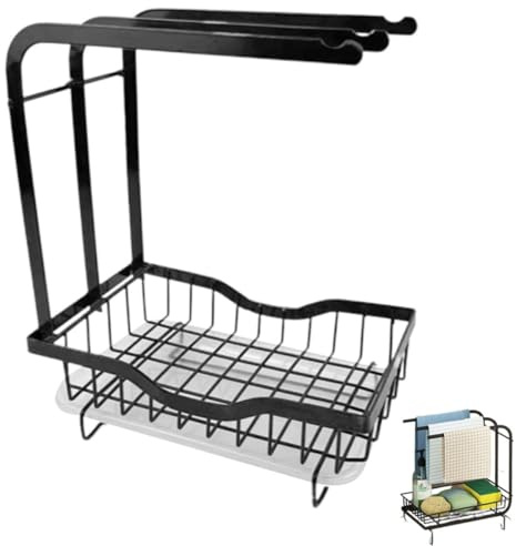 LALADEFIEE Soporte para Esponja de Fregadero de Cocina Negro de Metal Superficie Lisa y Bordes Suaves, Escurridor para Paños y Trapos, Adecuado para Organizar el Fregadero