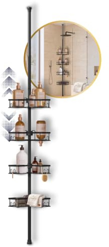 Homellence Duschablage Ohne Bohren Ecke Teleskop Duschregal Eckregal Bad | Teleskopregal Dusche, Teleskopstange Klemmregal Bad, Duschorganizer, Duschregal stehend, ohne Bohren, mattschwarz, 108-312cm