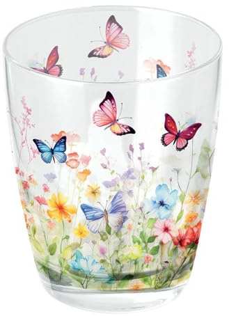 Ambiente Trinkglas 9,5cm mit Schmetterlinge & Blumen Motiv - 250ml Wasserglas - Saftglas Limonadenglas Glasbecher - Sommergeschirr Tischdeko Küche - Becher & Gläser - Trinkgeschirr