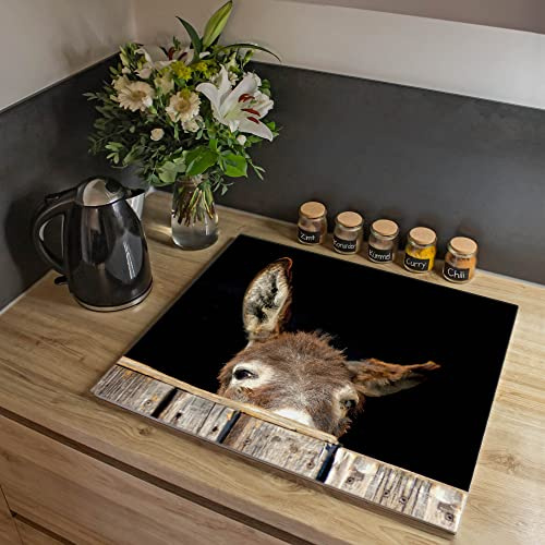 banjado Ceranfeld Abdeckung mit Tiermotiv für die Küche dezent aus Glas, einteilige Herdabdeckplatte 60x52 cm, Schneidebrett Glas und Spritzschutz Küche, rutschfest, mit Motiv Esel