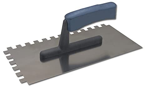DEWEPRO Zahnkelle 10 x 10 mm CLASSIC aus Edelstahl, gezahnt, Glättekelle 270 x 130 mm, säurebeständig und rostfrei, mit ergonomischem Holzgriff zum Auftragen von Fliesenkleber und Mörtel