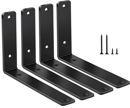 4 Pack - L 8 x H 6 x W1.5, 5mm Thick Black L Shelf Bracket, Iron Shelf Brackets, Metal Shelf Brackets, Floating Shelf, Shelf Supports with Screws