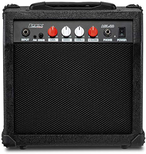 LyxPro Electric Guitar Amp 20 Watt Amplifier Built In Speaker Headphone Jack And Aux Input Includes Gain Bass Treble Volume And Grind - Black