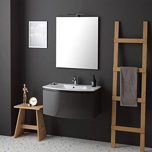 Kiamami Valentina - Mobile Bagno Sospeso Curvo | Design Moderno | Specchio Rettangolare | Cassetto Ammortizzato | Lavabo in Ceramica, Grigio Antracite Lucido, 82 CM, Legno Ingegnerizzato