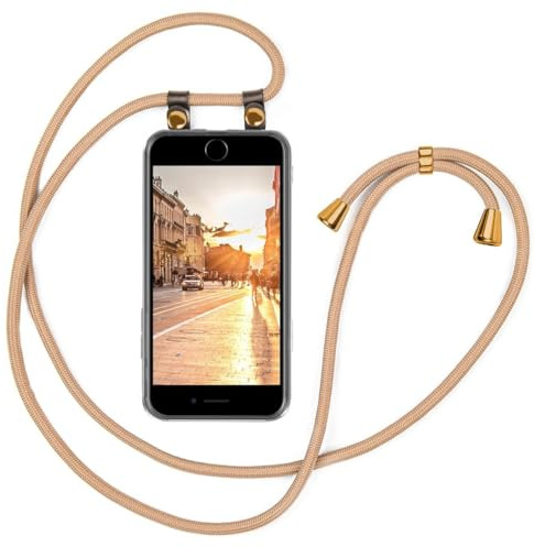 moex Handykette für iPhone SE (2020/2022) Hülle mit Band abnehmbar, Handyhülle mit Kette zum Umhängen, Handyband 155 cm lang Stoff Kordel Umhängehülle, Handy Umhängeband, Gold