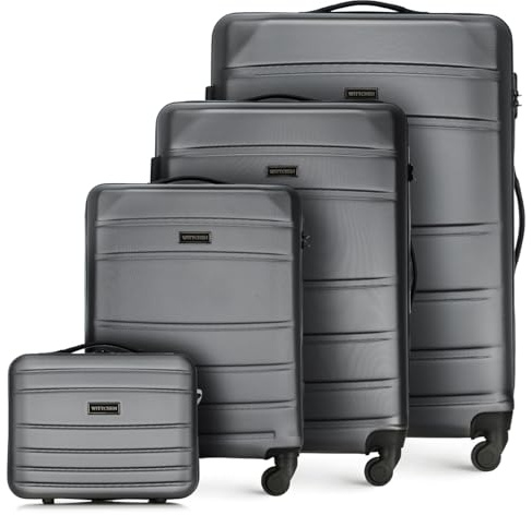 WITTCHEN Globe Line Reisekoffer 4-teiliges Kofferset Rollkoffer Trolley Handgepäck Hartschale aus ABS 4 Rollen Zahlenschloss Teleskopgriff Grau Lufthansa/Eurowings/Ryanair/Condor/Discover Airlines