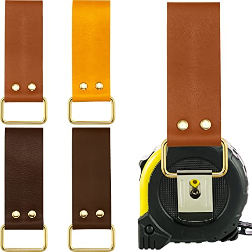Jetec 4 Pcs Leather Tape Measure Holder Belt Clip, Heavy Duty Holster | Metal D-ring Loop, Fits Tool Belts, For Measuring Tape or Drill, Hands-free Working, Durable Leather Construction