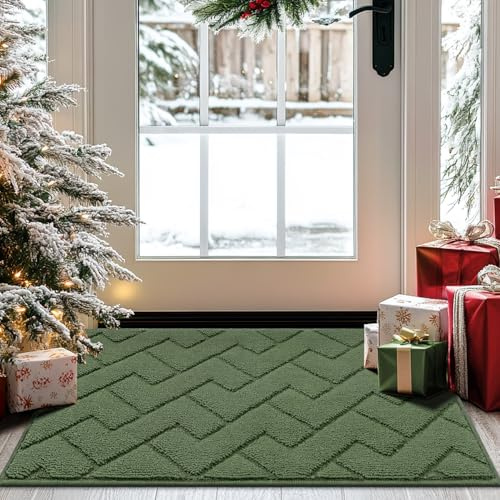 hicorfe Indoor Doormat,Front Back Door Mat TPR Backing Non Slip Mats 20x31.5 Absorbent Resist Dirt Entrance Doormat Inside Floor for Entryway Washable Low-Profile(Green)