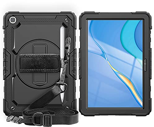 Heavy Duty Shockproof TPU Case for Huawei Matepad T10 9.7 inch/T10s 10.1 Inch 2021,Protective Cover W Screen Protector+Rotating Kickstand+Handle+Shoulder Strap(Black)