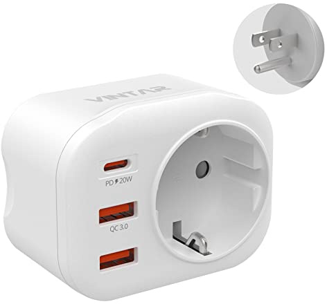 VINTAR 20W USA Reiseadapter, 4-in-1 PD & QC 3.0 Adapter usa, mit 2 USB-Anschlüssen und 1 USB-C-Anschluss, geeignet für Schnellladeadapter in USA, Kanada, Mexiko, TypB