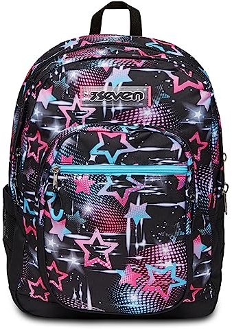 Seven, Zaino Scuola FREETHINK, Nero - con Ring Light - Scomparto Porta Notebook, Tasche Porta Borraccia - Zaino Viaggio, Scuola & Tempo Libero