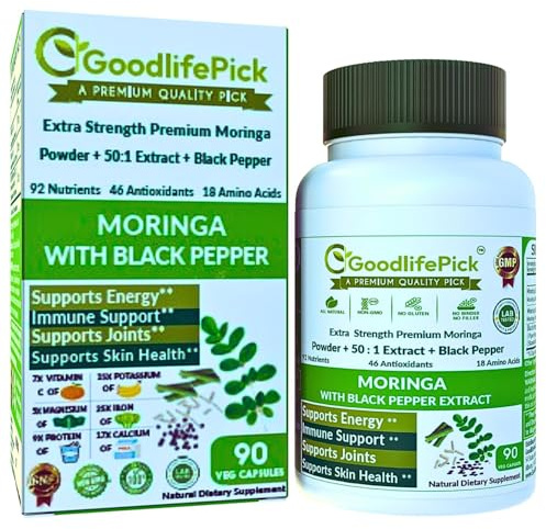 GoodlifePick Premium Moringa Capsules with Black Pepper. Moringa Oleifera Powder & 50:1 Moringa Extract for Maximum Benefits 90ct All Natural NonGMO No Rice Powder No Stearate No Silicon Vegan