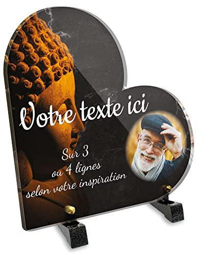 OCAP-FUNERAIRE.COM Grabschild Herz mit Foto personalisierbar, aus Plexiglas, Motiv Buddha, verschiedene Größen, Dicke 6 mm, personalisierbar auf mehrere Linien, 20 x 20 cm