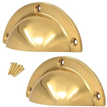 Lot de 2 poignées de porte d'armoire en laiton poli de 85 mm pour poignées de placard de cuisine en laiton pour poubelle, tiroir, poignées de tirage pour armoires