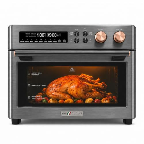 VAL CUCINA Infrared Heating Air Fryer Toaster Oven, Extra Large Countertop Convection Oven 10-in-1 Combo, 6-Slice Toast, Enamel Baking Pan Easy Clean with Recipe Book, Black Matte Stainless Steel