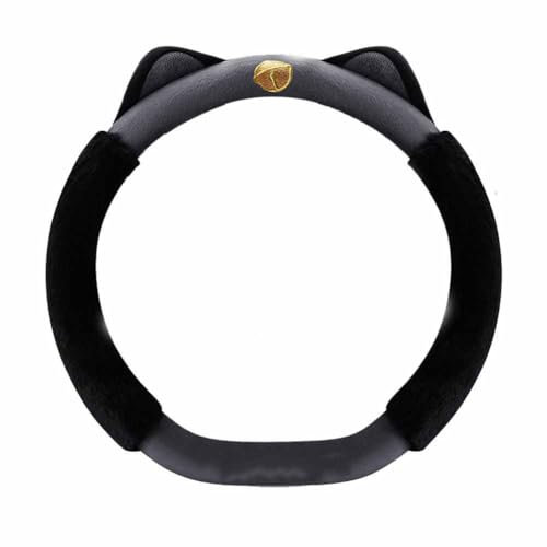 SHTGOI Plüsch Auto Lenkradbezug Niedlich Katze Ohren Lenkradhülle Winter Warm Universal D-Form Lenkradschoner Anti-Rutsch Lenkrad Fellbezug Auto Innere Zubehör für Damen Mädchen 38cm Schwarzgrau