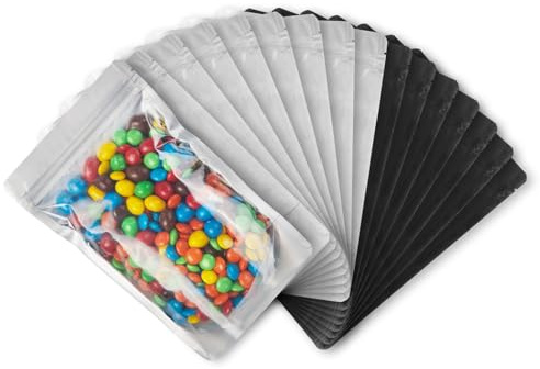 LZLPACKING 100 stycken återförslutningsbara Mylar-påsar med klar framsida, luktsäkra påsar, ståpåse för matförvaring (svart, 12,7 x 20,3 cm)