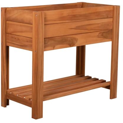 Mr. DEKO Upphöjd bädd örter av teak | modern trädgårdsbädd XL blomlåda 86 x 40 x 80 cm (B x D x H) | stor örtbädd | växtbädd för balkongen | naturträ med folie | insynsskydd