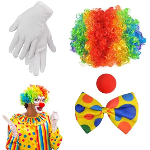 XoeLLe 4 Stück Kostümzubehör Clown, Regenbogen Perücke Clown, Clown Kostüm Accessoire, Lockenperücke Clown Clownsnase Rot Bunte Fliege und Handschuhe Karneval Kostüme für Kinder Damen Herren