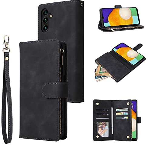 QLTYPRI Hülle für Samsung Galaxy A15 5G/4G, Premium Leder Handyhülle mit Große Kapazität 6 Kartenfach & 1 Reißverschluss Tasche Ständer Schutzhülle für Samsung Galaxy A15 - Schwarz
