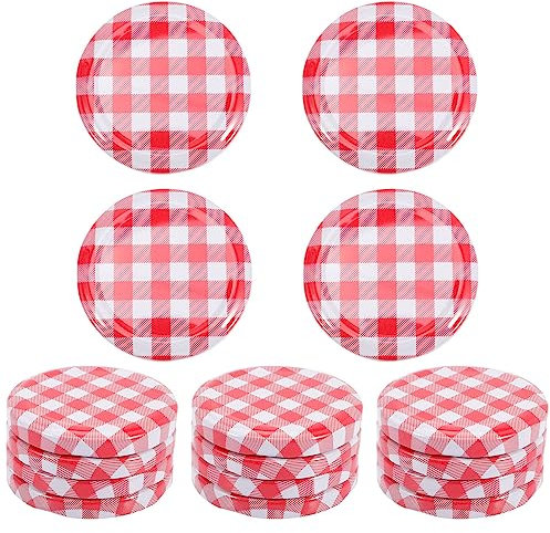PRETYZOOM 40pcs Jar Lids Metal Canning Lids Red White Checked Jar Screw Caps for Canning Jars Jam Jelly Bottles 63MM