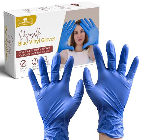 CHEF ROYALE Pack of 500 New Blue Vinyl Gloves - latex free gloves Surgicals Powder Free Medical Vinyl Gloves Multi Use Food Prep Gloves - Bulk Quantity Available (500, Extra Large)