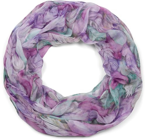 styleBREAKER Damen Loop Schal mit buntem Feder Muster, leichter sommerlicher Boho Schlauchschal mehrfarbig 01016239, Farbe:Violett-Grün