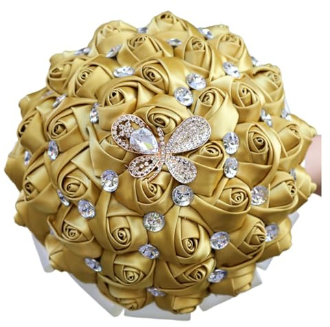Mazzo di fiori a mano in oro chiaro con nastro di strass rosa sposa bouquet pieno di diamanti fiori tenuti in mano decorazione di nozze