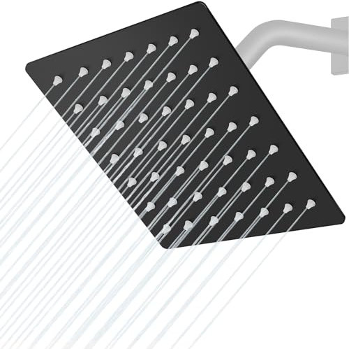 Midanya Soffione doccia a pioggia, quadrato, in acciaio inox, ad alta pressione, copertura a prova di crepe, con ugello in silicone da 1/16, connettore girevole ultra sottile, nero opaco, 15,2 cm