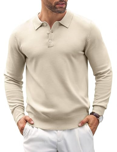 COOFANDY Mens Polo Jumper Long Sleeve Poloshirts Knitted Sweater Basic Sweatshirts Solid Color Pullover Cream M