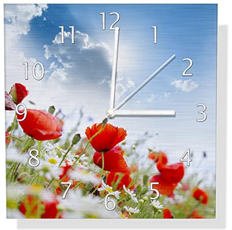Wallario Design Wanduhr Mohnblumen unter blauem Himmel aus Aluverbund, Alu-Uhr Größe 30 x 30 cm, weiße Zeiger mit Metalloptik